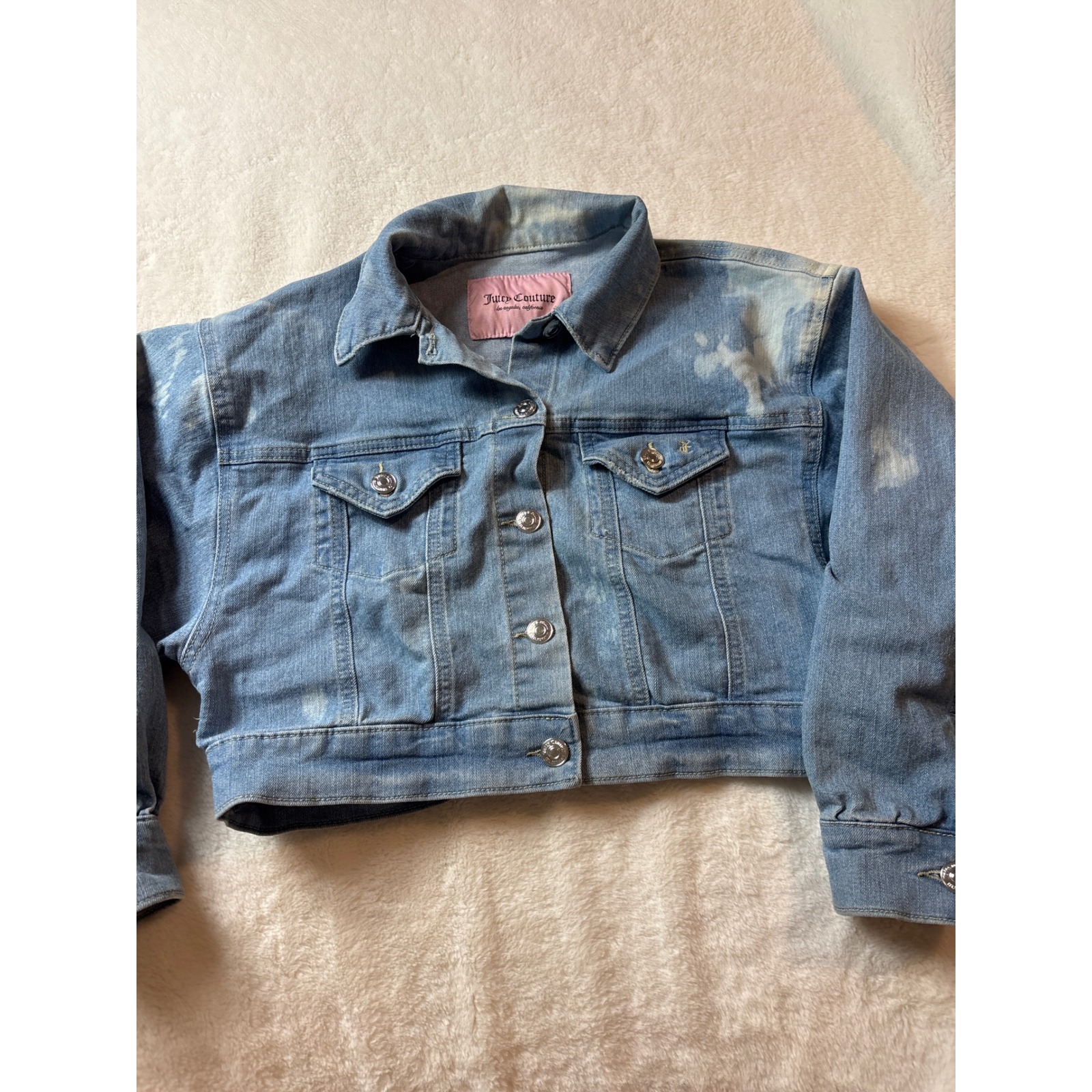 Juicy Couture Women Light Wash Acid Splatter Cropped Denim Jacket Small
